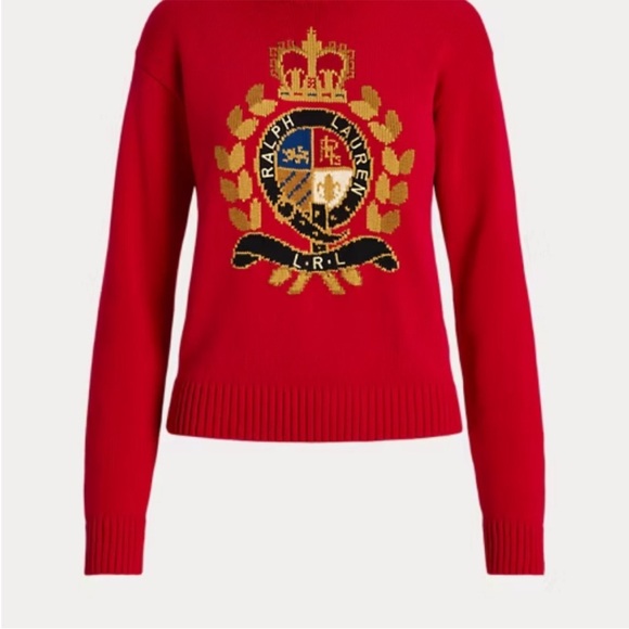 Ralph Lauren Intarsia Red Crest Crew Neck Sweater RARE - Picture 2 of 8
